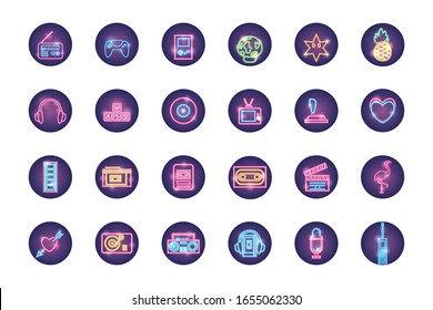 neon style icon set design, retro object decoration advertising entertainment art theme Vector illustration