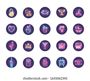 neon style icon set design, retro object decoration advertising entertainment art theme Vector illustration