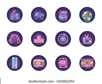neon style icon set design, retro object decoration advertising entertainment art theme Vector illustration