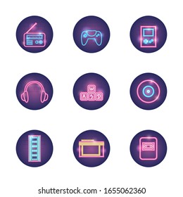 neon style icon set design, retro object decoration advertising entertainment art theme Vector illustration