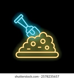 Neon style icon of a shovel digging a pile of soil, ideal for agriculture or gardening concepts