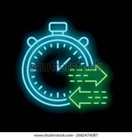 Neon style icon of a stopwatch with arrows showing time passing, ideal for concepts related to time management