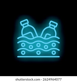 Icono de estilo neón de dos botellas de plástico flotando en el agua del océano que representa la contaminación