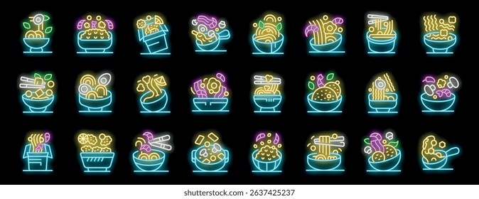 Neon style icons depicting various wok dishes with noodles, shrimps, vegetables, and meat, ideal for restaurant menus and food related businesses