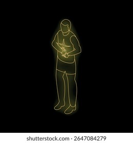 Ilustração em estilo neon de um atleta que sofre de dor abdominal, segurando sua barriga dolorida com ambas as mãos, isolado no fundo preto