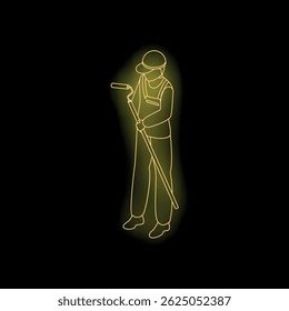 Neon style illustration of a painter holding a paint roller, glowing yellow on a dark background