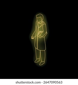 Neon-stijl illustratie van een wetenschapper die boeken vasthoudt, gloeiend geel op een zwarte achtergrond, die kennis, wetenschap en onderwijs vertegenwoordigt