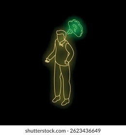 Neon style illustration of a thoughtful businessman with a question mark in a thought bubble, problem solving concept