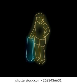 Neon style illustration of a young skater holding a skateboard on a black background