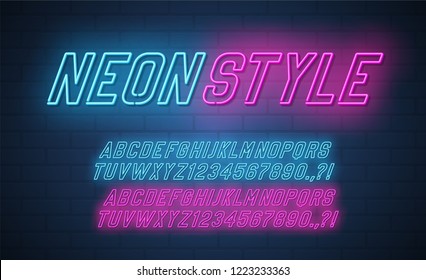 Neon style italic alphabet. Vector font.