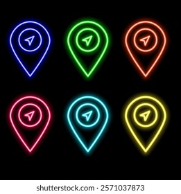 Neon style location icon, design elements.