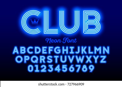 Neon style modern font, alphabet and numbers vector illustration