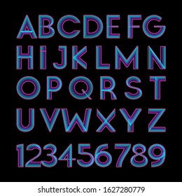 Neon style modern font in retro disco 80s style, alphabet and numbers. Vector illustration isolated.