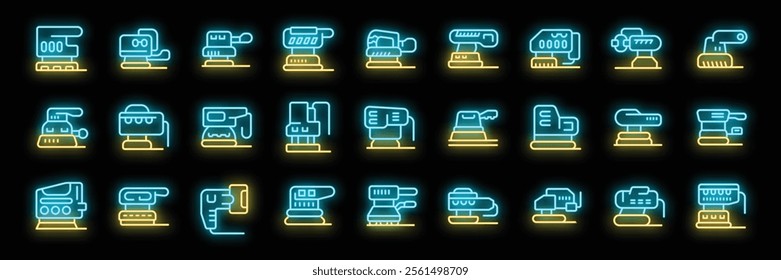 Neon style orbital sanders glow brightly, showcasing various designs for woodworking projects