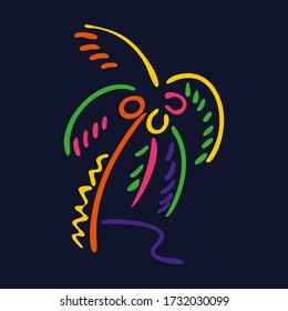 Neon style palm tree logo on dark background.