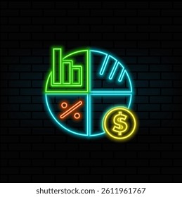 neon style. pie chart glyph icon. circle divided into parts. diagram. circular statistical graph. visualization of statistical data. silhouette symbol. negative space. isolated vector illustration.