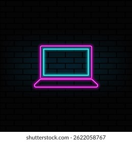 neon style. portable device icon, office computer. neon style. Laptop or computer line icon. neon style.