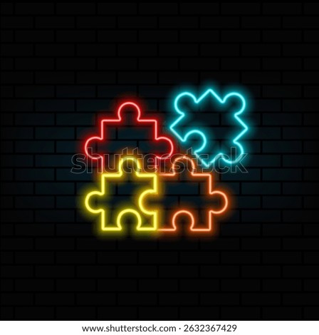 neon style. Puzzle icon vector design template. neon.puzzle game four pieces toys icon..