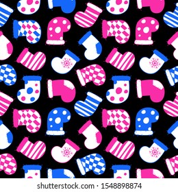 Neon style seamless pattern of blue and pink Christmas stockings with snowflakes, patchs, stripes and checkered fabric. Vector illustration of winter symbols on a black background.