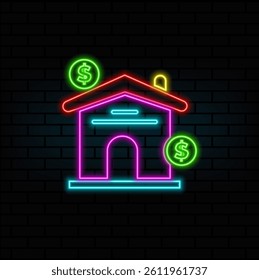 neon style. sell house ad sign real estate. Mortgage loan icon vector sign and symbol. mortgage loan logo concept.