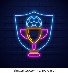Neon style soccer trophy award illustration on brick wall background for Soccer Championship. Can be used poster or template design.