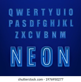 Neon style vector alphabet on blue