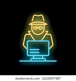 Neon style vector concept illustration of a spy hacking a computer on black background