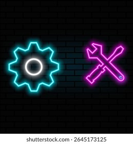 neon style.Set wrench and gear icon. Adjustment, service, configuration, maintenance, repair, fixing. Vector illustration.