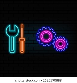 neon style.equipment tool.Gears icon.representing settings or settings frequently used for system adjustments and technical control..