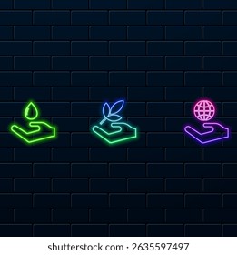 neon style.leaf in hand, symbol of human responsibility and care for nature, hand holding planet earth.hand with water. Save water and help for poor and homeless color icon. sign for ecology.