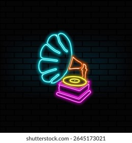 neon style.silhouette of gramophone starting notes. Gramophone vector glyph icon. music sign.
