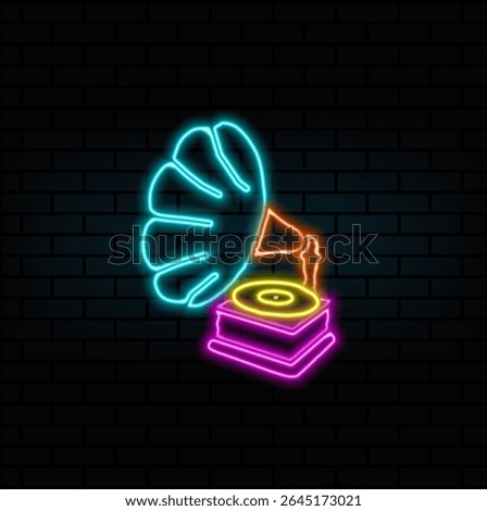 neon style.silhouette of gramophone starting notes. Gramophone vector glyph icon. music sign.