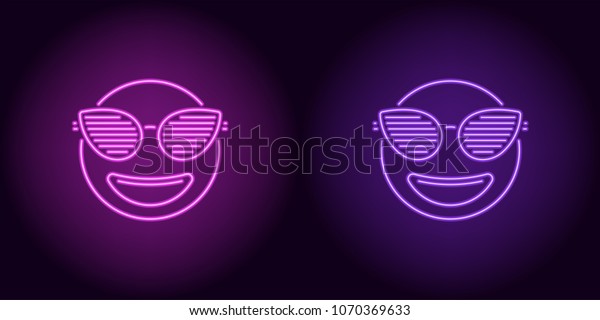 紫と紫色のネオンスタイリッシュな絵文字 暗い背景にバックライトとおしゃれなクラブグラスのネオン絵文字のベクターイラスト のベクター画像素材 ロイヤリティフリー