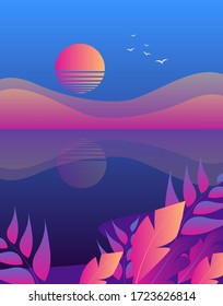 
neon stylish lake sunset sunset vector illustration