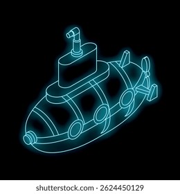Neon submarine glowing underwater with periscope raised, in isometric view