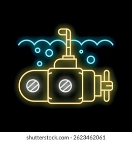 Neon submarine surfacing with periscope above water and air bubbles