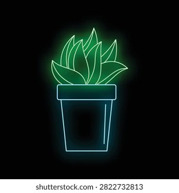 Neon succulent plant in pot glowing green and blue on a dark background