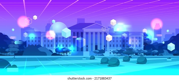 neon summer city park town building with columns view through VR glasses metaverse virtual reality technology vector Illustration