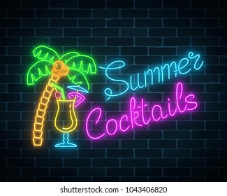 Neon summer cocktail bar sign on dark brick wall background. Glowing gas advertising with pina colada alcohol shake and palm. Drinking canteen banner. Night club invitation. Vector illustration.