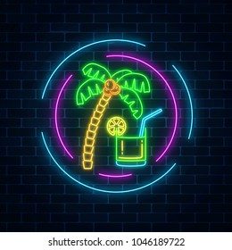 Neon summer cocktail bar sign on dark brick wall background. Glowing gas advertising with caipirinhas alcohol shake and palm. Drinking canteen banner. Night club invitation. Vector illustration.