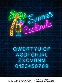 Neon summer cocktail bar sign with alphabet on brick wall background. Glowing gas advertising with pina colada alcohol shake and palm. Night club invitation. Vector illustration.