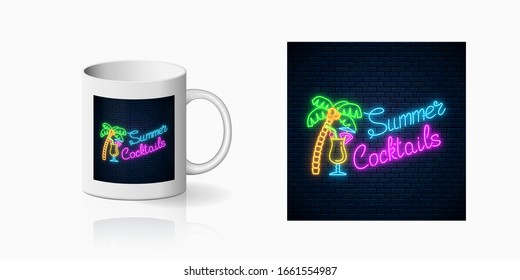 Neon summer cocktail bar sign for cup design. Glowing gas advertising with pina colada alcohol shake and palm symbol, design, banner in neon style on mug mockup. Vector shiny design element