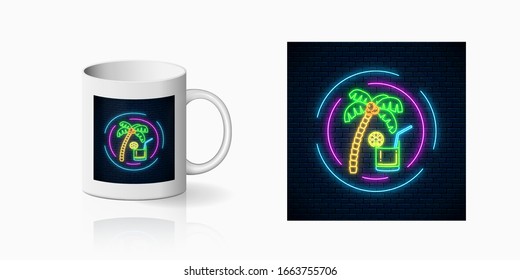 Neon summer cocktail bar sign for cup design. Glowing gas advertising with caipirinhas alcohol shake and palm symbol, design, banner in neon style on mug mockup. Vector shiny design element