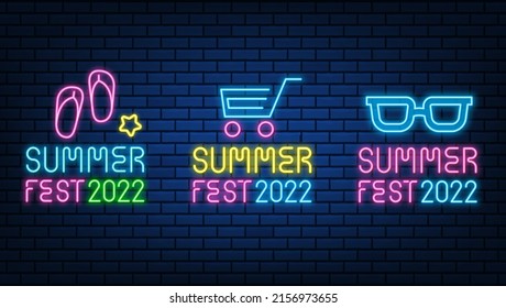 Neon summer fest text 2022 signs glowing color shining led or halogen lamps frame banners. on brick wall vector set. 