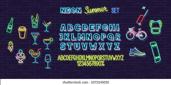 Neon summer icons and font set isolated on brick wall background. For logo, poster, banner. Headline and small condensed uppercase letters.