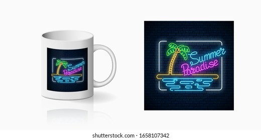 Neon summer paradise print with palm, beach and ocean in rectangle frame for cup design. Shiny summertime symbol, design, banner in neon style on mug mockup. Vector shiny design element