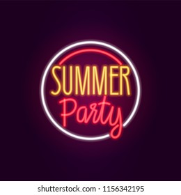 Neon summer party Icon sign. Glowing light banner. Night bright signboard. Summer logo, fashion emblem. Club Bar concept on dark background. Editable vector.