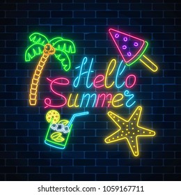 Neon Summer Poster With Lettering And Summer Things In Rectangle Frame On Dark Brick Wall Background.