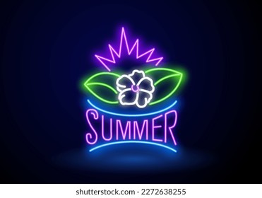 Neon summer poster with lettering and summer things in rectangle frame on dark brick wall background.