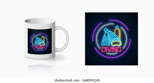 Neon summer print of diving beach club with flipers, mask and balloon symbols for cup design. Summer leisure club symbol, design, banner in neon style on mug mockup. Vector shiny design element